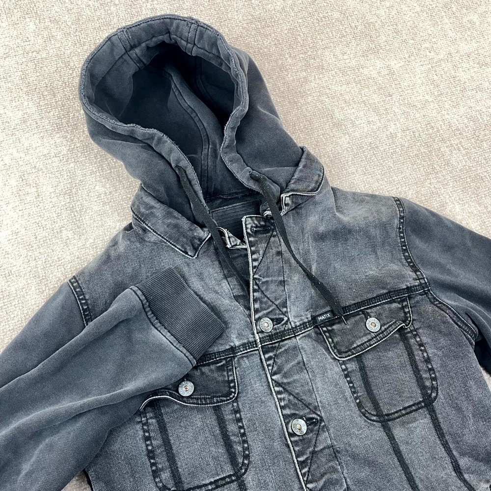 Matix Union Trucker Jacket Mens Large Gray Denim Cotton Stretch Hooded Full Zip